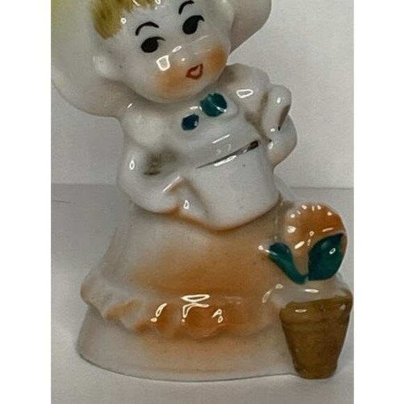 Vintage Porcelain Ceramic Doll Girl watering Flowers Figurine Japan 3.25" tall - Picture 2 of 5